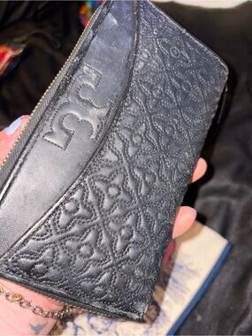 Tory Burch Black Embossed Leather Card Zip Wallet